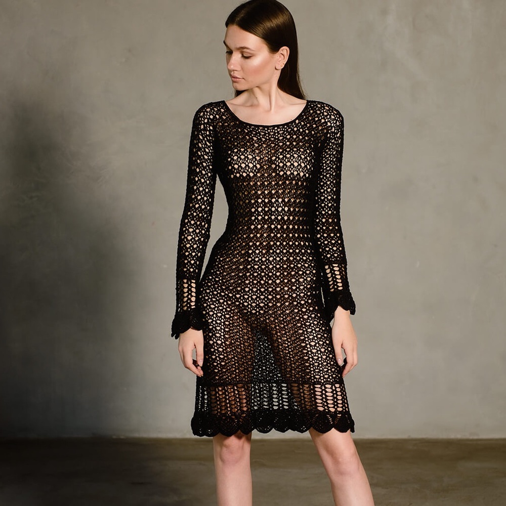 Zani Black crochet Long Sleeve Dress beach dress
